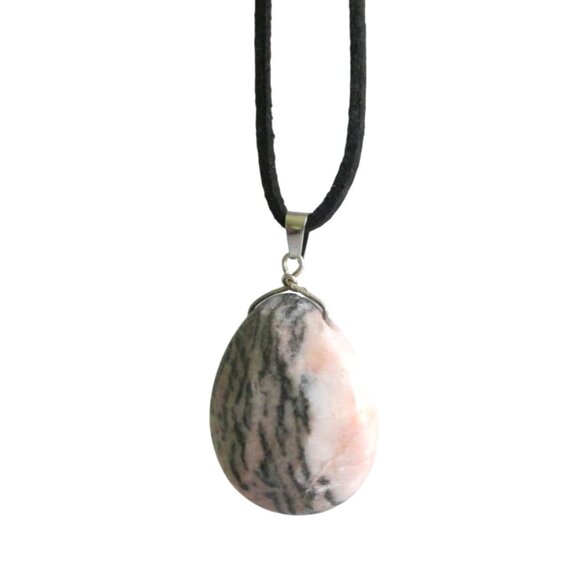 New Rhodonite Stone Teardrop Pendant Necklace 18" to 20" Black Suede Cord - Picture 3 of 7